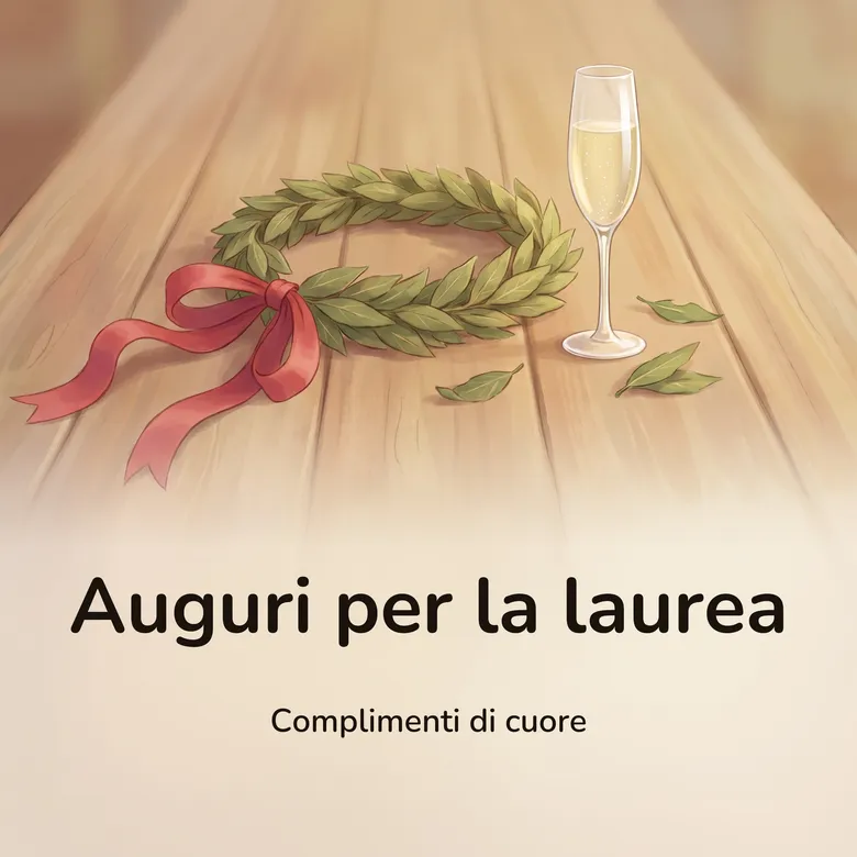 Immagine di auguri per la laurea: una corona d’alloro intrecciata con un fiocco di nastro rosso, appoggiata accanto a un flûte di spumante e a qualche foglia d’alloro sparsa, su un tavolo di legno chiaro che si allontana, con la scritta «Auguri per la laurea» e «Complimenti di cuore»