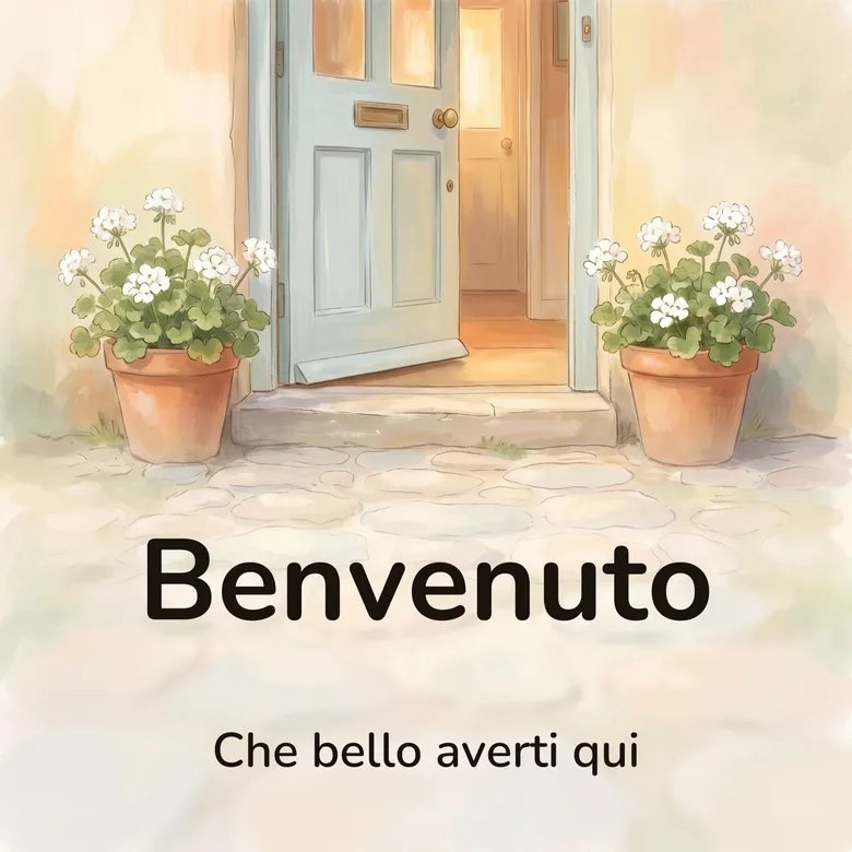 Immagine di benvenuto: la porta azzurra di una casa di paese aperta su un corridoio illuminato, con un vaso di terracotta di gerani bianchi da ogni lato del gradino di pietra e il selciato che arriva fino in fondo, con la scritta «Benvenuto» e «Che bello averti qui»