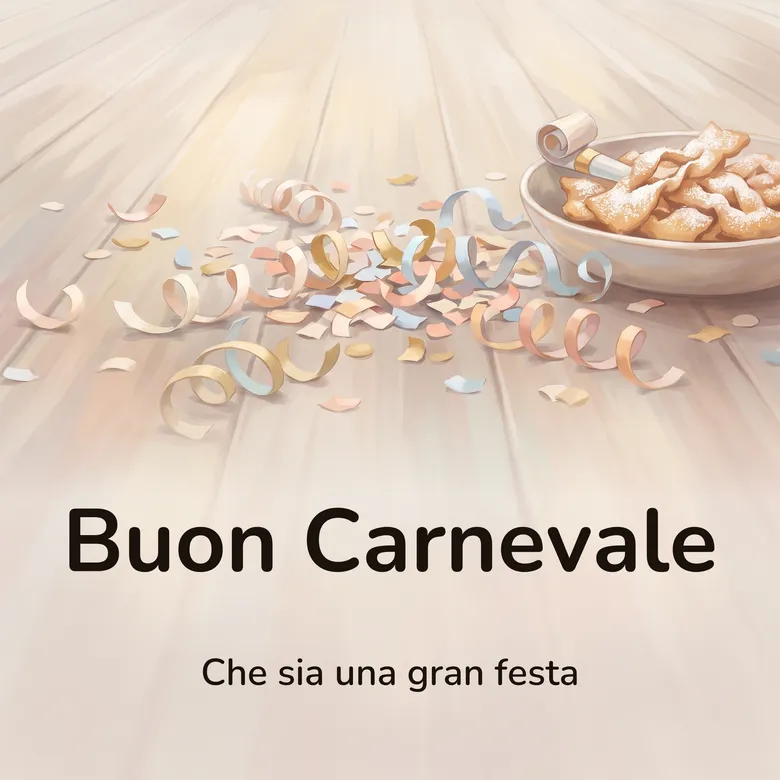 Immagine di buon Carnevale: coriandoli e stelle filanti di carta nei toni pastello sparsi su un pavimento di legno chiaro, con una ciotola di chiacchiere spolverate di zucchero a velo e una trombetta di carta arrotolata accanto, con la scritta «Buon Carnevale» e «Che sia una gran festa»