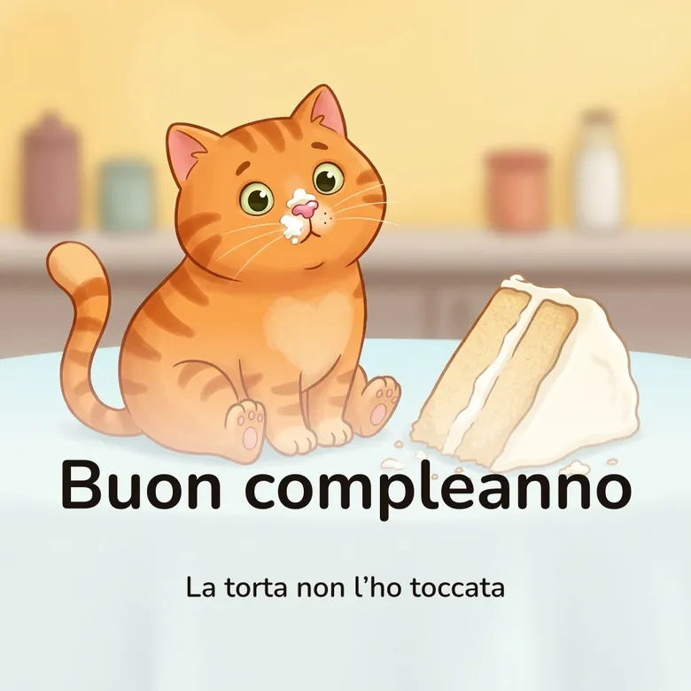 Immagine di buon compleanno divertente: gatto a fumetti seduto accanto a una fetta di torta rovesciata, con la panna sul naso e l’aria innocente, con la scritta «Buon compleanno» e «La torta non l’ho toccata»