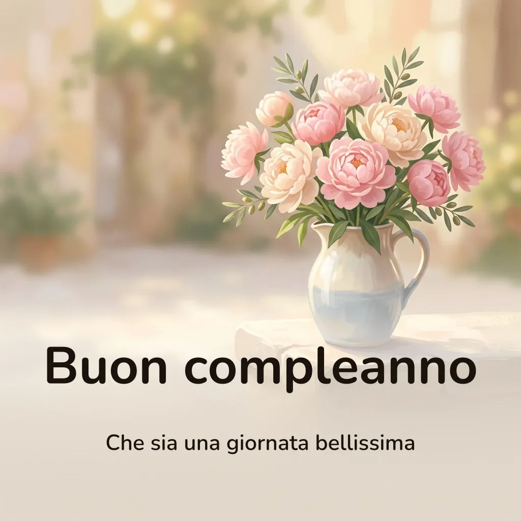 Immagine di buon compleanno con fiori: peonie rosa e crema con rametti d’ulivo in una brocca di ceramica smaltata su un davanzale di pietra al sole, con la scritta «Buon compleanno» e «Che sia una giornata bellissima»