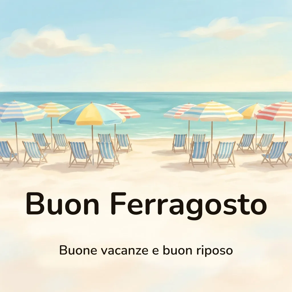 Immagine di buon Ferragosto: una spiaggia deserta a mezzogiorno, con file di ombrelloni a righe, sdraio a righe azzurre aperte sulla sabbia e il mare turchese calmo dietro, con la scritta «Buon Ferragosto» e «Buone vacanze e buon riposo»