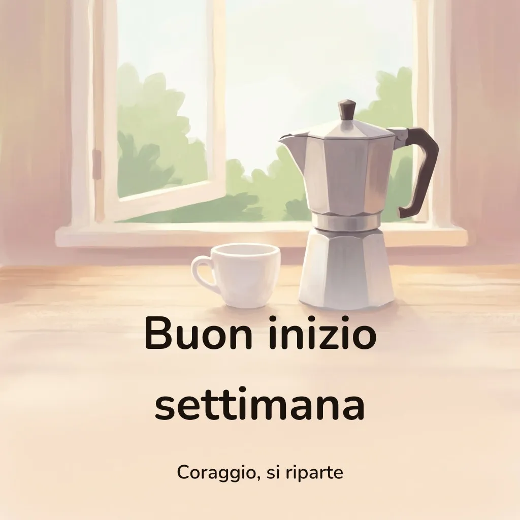 Immagine di buon inizio settimana: una caffettiera di alluminio e una tazzina bianca su un tavolo di legno, con la luce del mattino dalla finestra aperta, con la scritta «Buon inizio settimana» e «Coraggio, si riparte»
