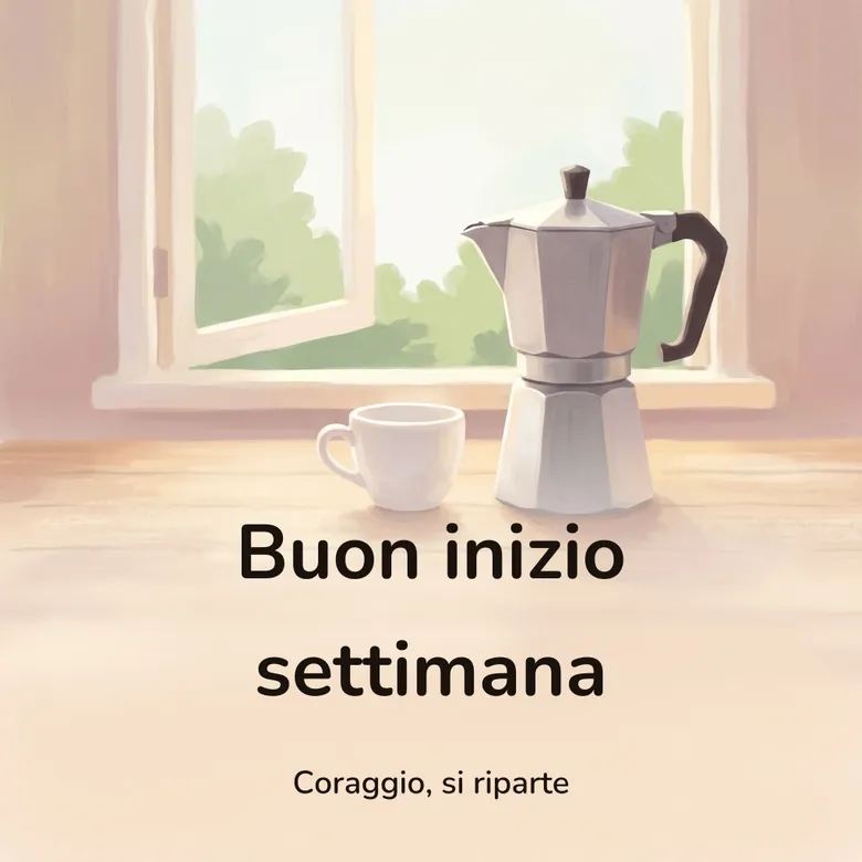 Immagine di buon inizio settimana: una caffettiera di alluminio e una tazzina bianca su un tavolo di legno, con la luce del mattino dalla finestra aperta, con la scritta «Buon inizio settimana» e «Coraggio, si riparte»