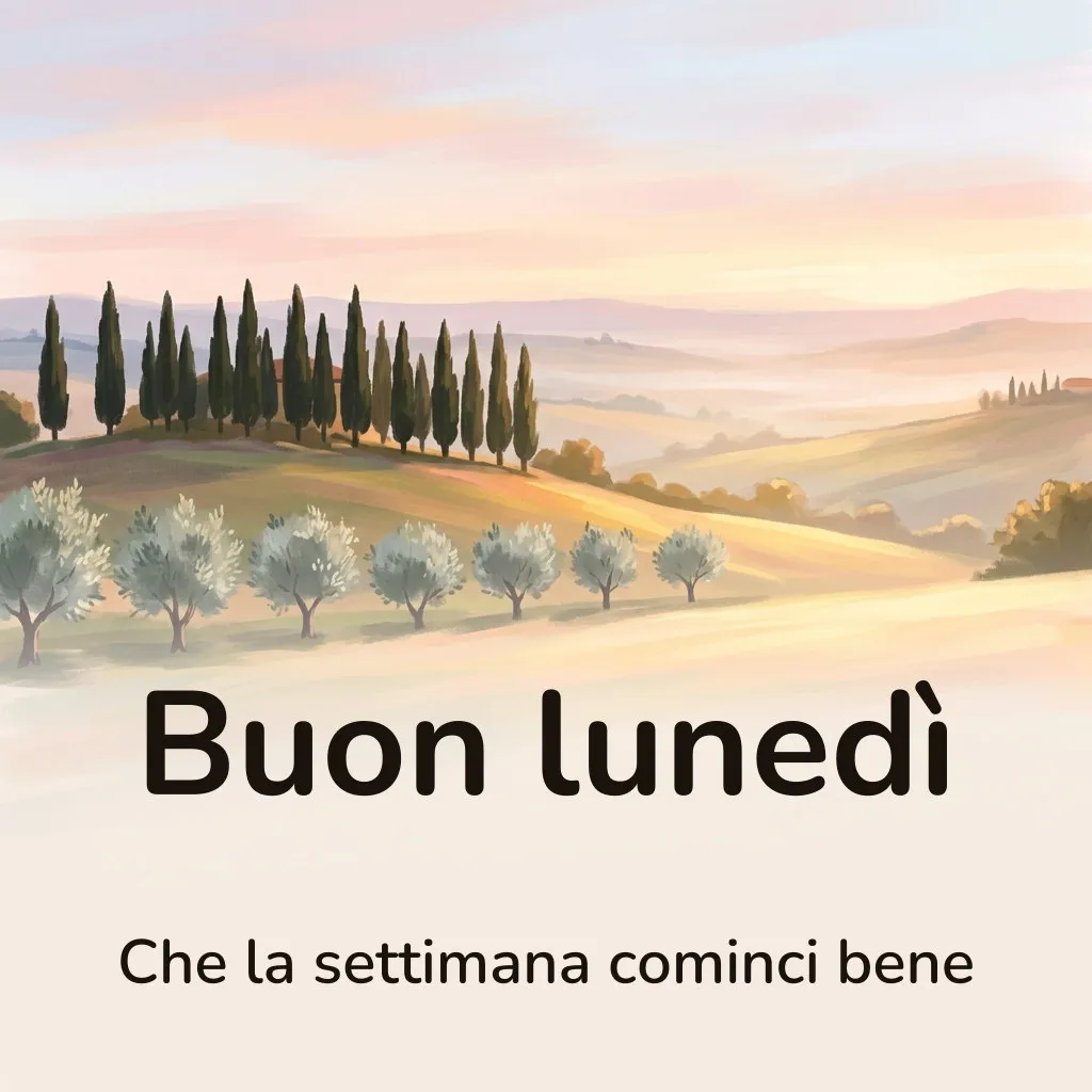 Immagine di buon lunedì: colline al mattino con cipressi e una fila di ulivi nella luce dorata, con la scritta «Buon lunedì» e «Che la settimana cominci bene»