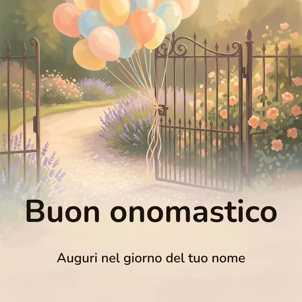 Immagine di buon onomastico: un mazzo di palloncini pastello legati con nastri lunghi a un vecchio cancello di ferro battuto, con un vialetto di ghiaia e cespugli fioriti dietro, con la scritta «Buon onomastico» e «Auguri nel giorno del tuo nome»