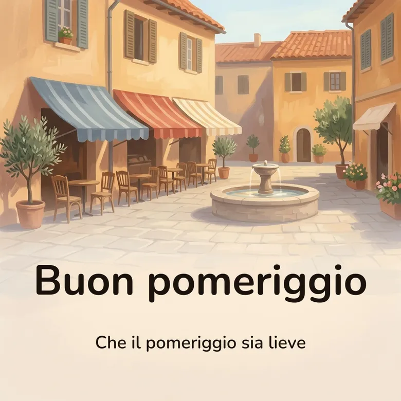 Immagine di buon pomeriggio: una piazzetta lastricata nel primo pomeriggio, con una fontana di pietra, tende a righe sopra tavolini vuoti e ombre lunghe sui muri color ocra, con la scritta «Buon pomeriggio» e «Che il pomeriggio sia lieve»