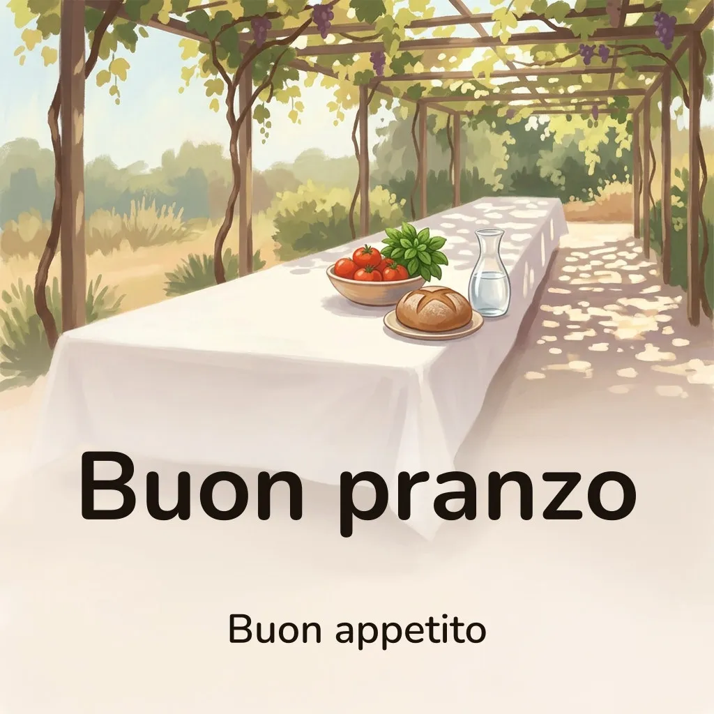 Immagine di buon pranzo: una tavola lunga apparecchiata all’aperto sotto una pergola di vite a mezzogiorno, con pomodori, basilico, una pagnotta e una caraffa d’acqua sulla tovaglia bianca, e le ombre a macchie della pergola sul terreno accanto, con la scritta «Buon pranzo» e «Buon appetito»