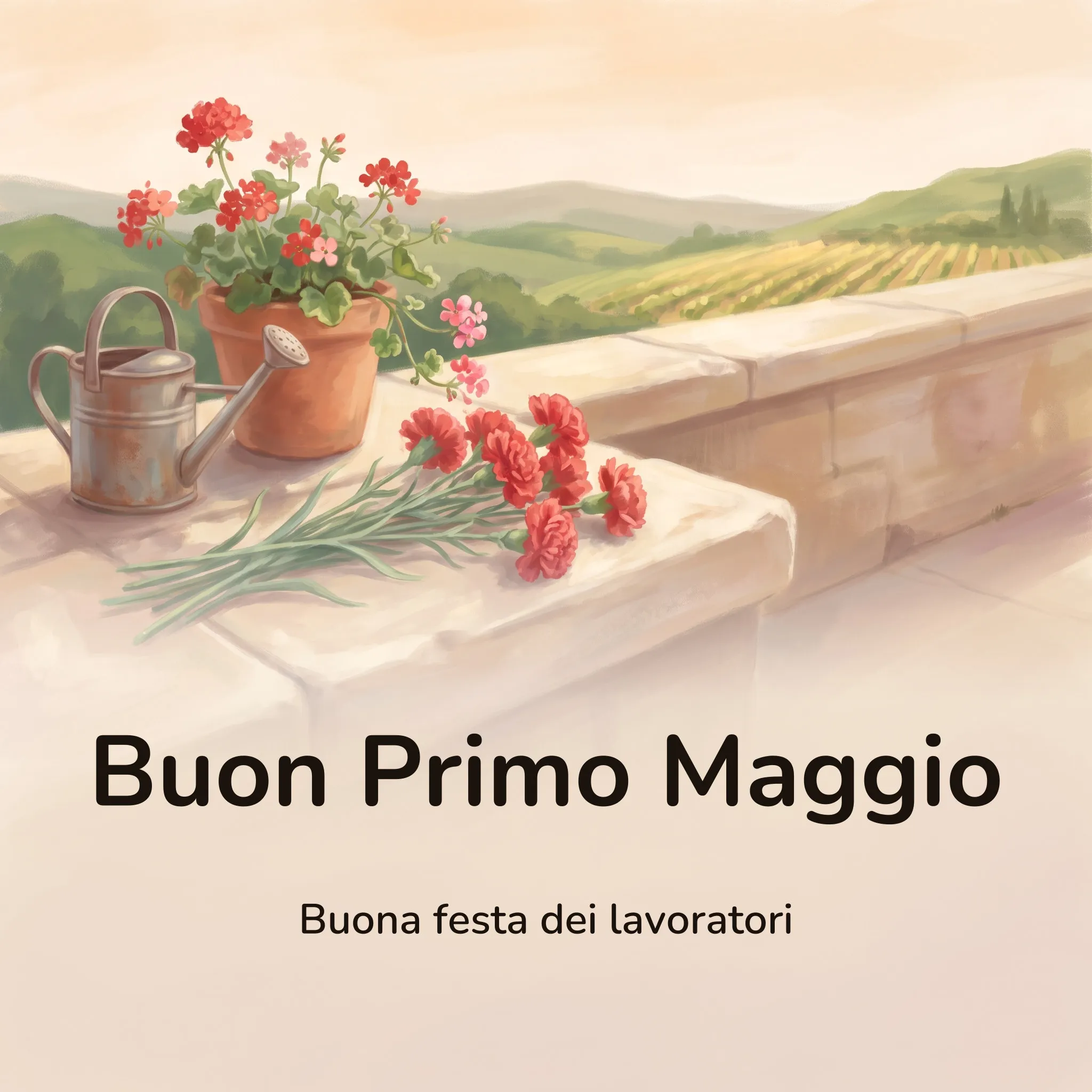 Immagine di buon Primo Maggio: un mazzo di garofani rossi appoggiato sul parapetto di pietra di un balcone, accanto a un vaso di terracotta con i gerani e a una vecchia annaffiatoia di zinco, con le colline verdi e un vigneto sullo sfondo, con la scritta «Buon Primo Maggio» e «Buona festa dei lavoratori»