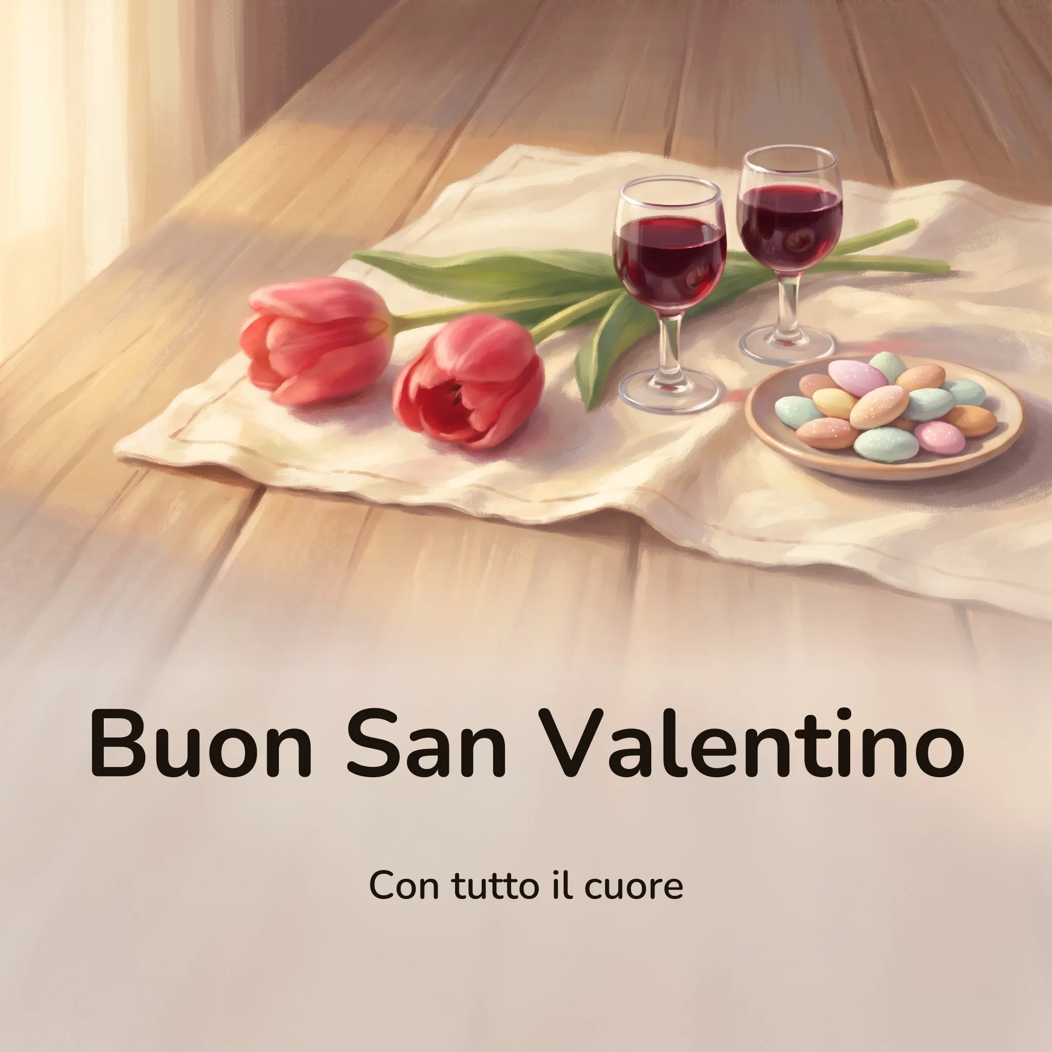 Immagine di buon San Valentino: due tulipani rosa appoggiati su un telo di lino chiaro accanto a due bicchieri di vino rosso e a un piattino di confetti pastello, su un tavolo di legno chiaro che si allontana, con la scritta «Buon San Valentino» e «Con tutto il cuore»