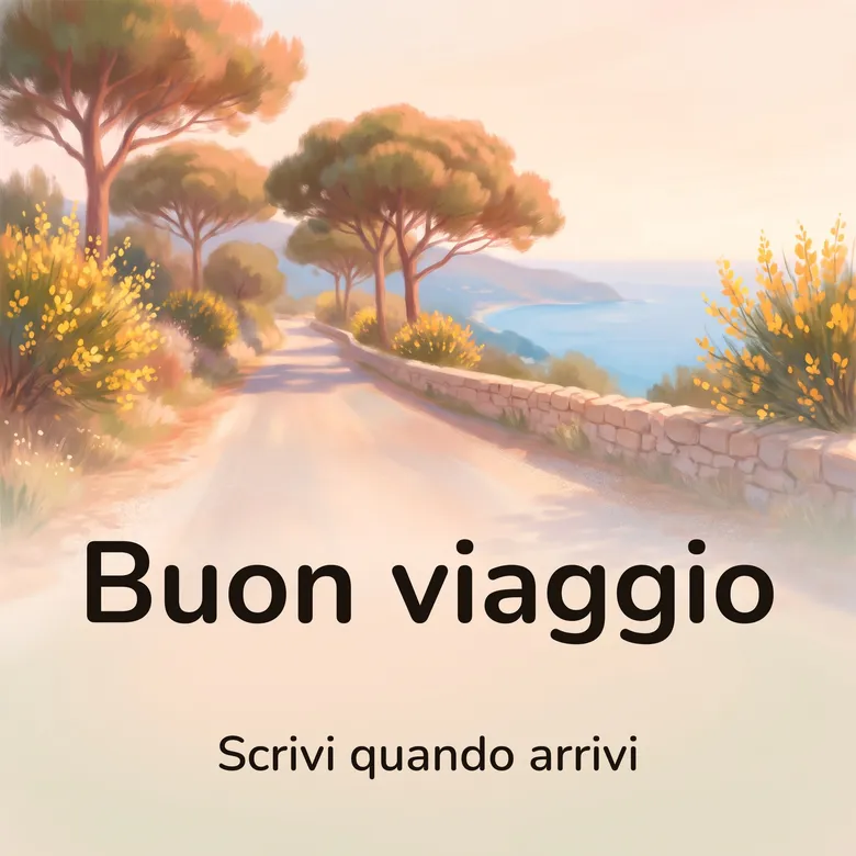 Immagine di buon viaggio: una strada chiara che si allontana curvando fra i pini marittimi verso una baia azzurra in basso, con un muretto a secco sul lato del mare e ginestre in fiore lungo il ciglio, con la scritta «Buon viaggio» e «Scrivi quando arrivi»