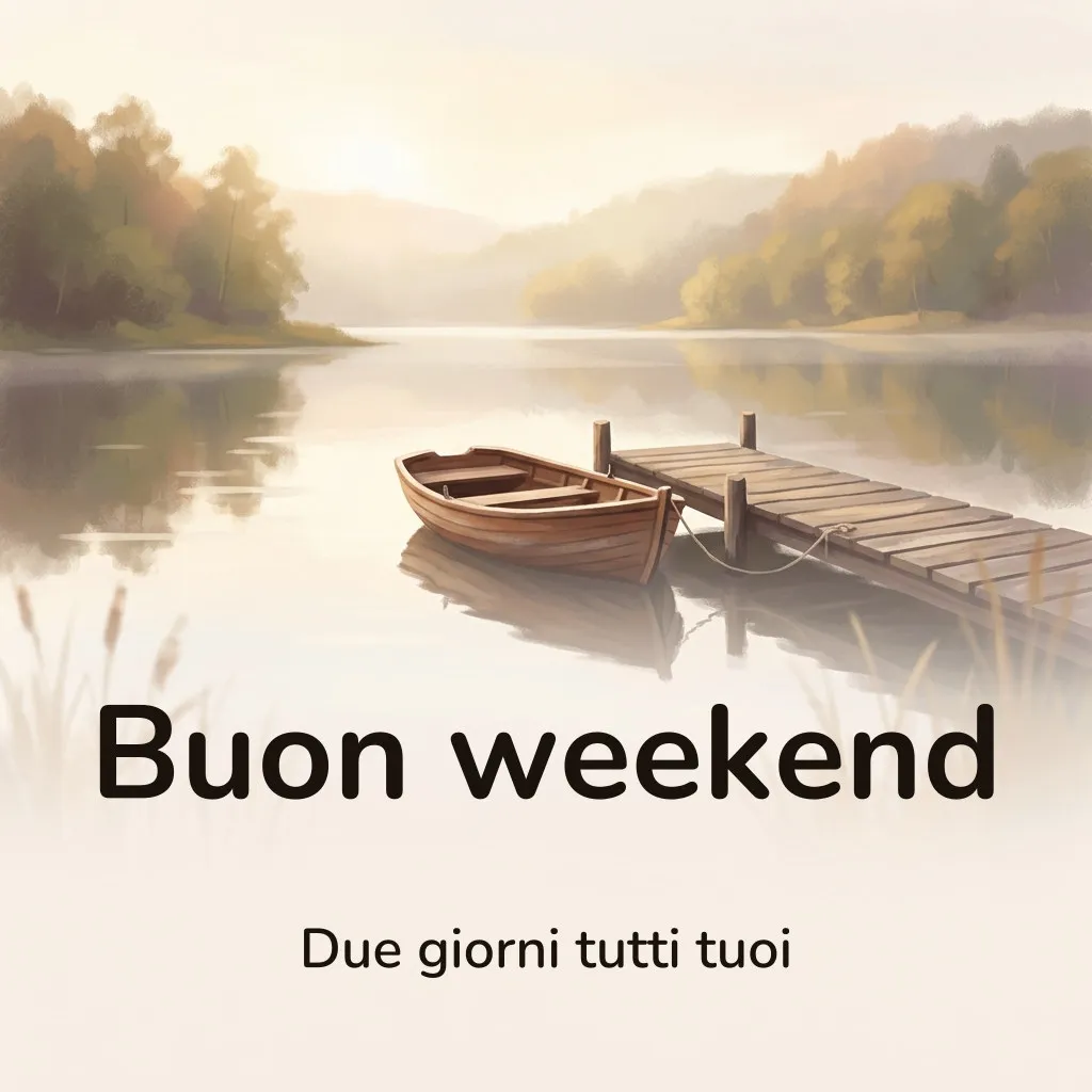 Immagine di buon weekend: una piccola barca a remi di legno ormeggiata accanto a un pontile su un lago immobile al mattino, con canne in primo piano e colline boscose nella foschia, con la scritta «Buon weekend» e «Due giorni tutti tuoi»