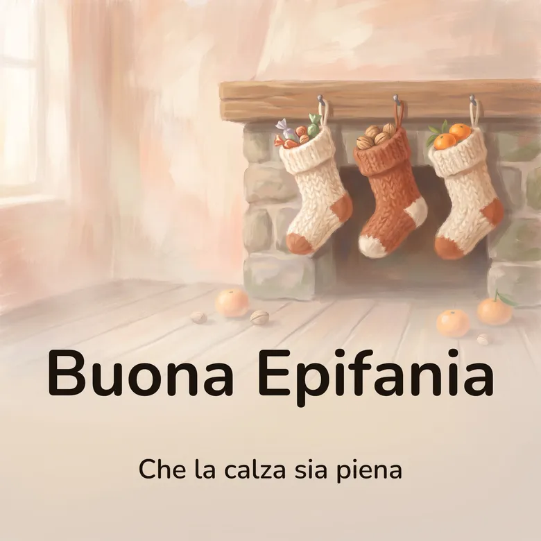 Immagine di buona Epifania: tre calze di lana appese alla mensola di un camino di pietra, una piena di caramelle incartate, una di noci e una di mandarini, con altri mandarini e noci caduti sul pavimento di assi, e la luce del mattino da una finestra a sinistra, con la scritta «Buona Epifania» e «Che la calza sia piena»