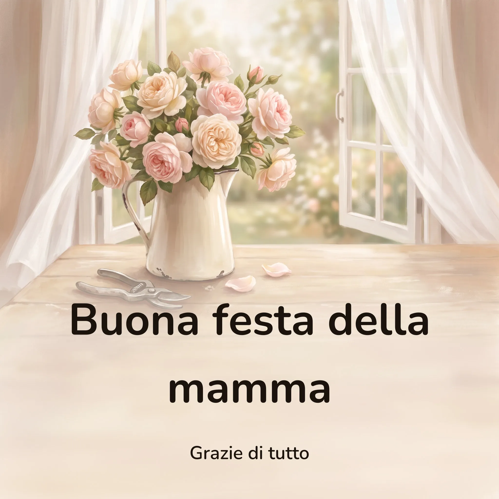 Immagine per la festa della mamma: un mazzo di rose rosa chiaro e color crema in una brocca di smalto bianco scheggiata, appoggiata in fondo a un tavolo di legno chiaro davanti a una finestra aperta con le tende bianche, con due petali caduti e un paio di forbici da giardino accanto, con la scritta «Buona festa della mamma» e «Grazie di tutto»