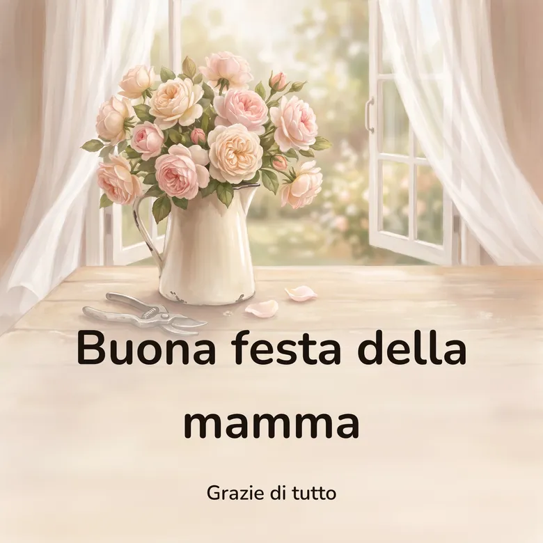Immagine per la festa della mamma: un mazzo di rose rosa chiaro e color crema in una brocca di smalto bianco scheggiata, appoggiata in fondo a un tavolo di legno chiaro davanti a una finestra aperta con le tende bianche, con due petali caduti e un paio di forbici da giardino accanto, con la scritta «Buona festa della mamma» e «Grazie di tutto»