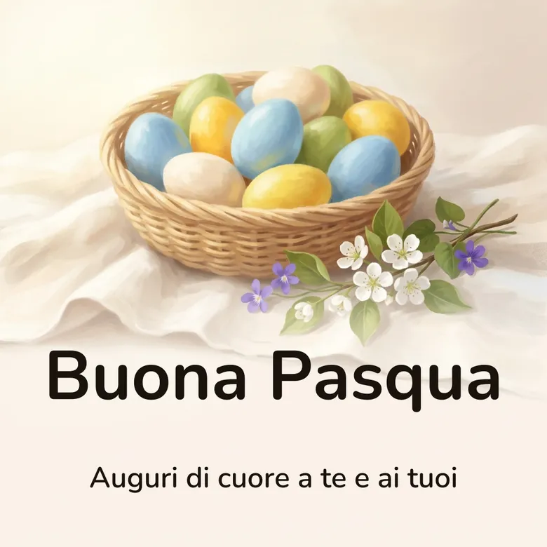 Immagine di buona Pasqua: un cesto basso di uova dipinte a mano su una tovaglia di lino, con rametti di pero in fiore e qualche violetta di campo accanto, con la scritta «Buona Pasqua» e «Auguri di cuore a te e ai tuoi»