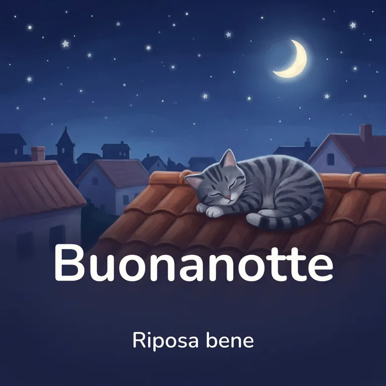 Immagine di buonanotte con gatto: gatto soriano grigio con le zampe bianche, addormentato e raggomitolato su un tetto di coppi sotto la luna e le stelle, con i tetti del paese nella foschia sullo sfondo, con la scritta «Buonanotte» e «Riposa bene»