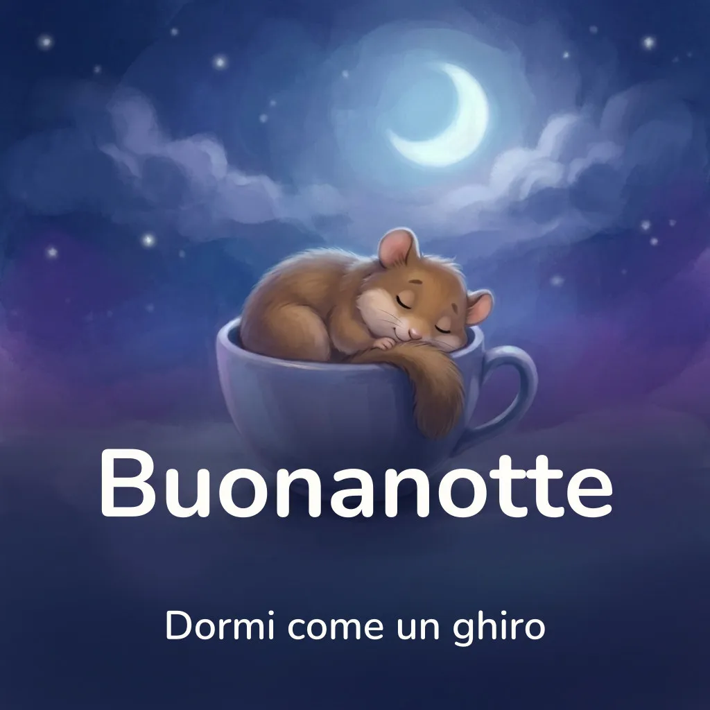 Immagine di buonanotte simpatica: ghiro a fumetti raggomitolato e addormentato dentro una grande tazza da tè, con la coda che ricade oltre il bordo, sotto una luna crescente, con la scritta «Buonanotte» e «Dormi come un ghiro»