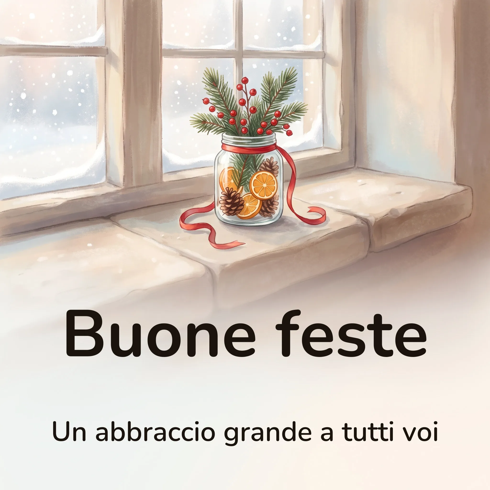 Immagine di buone feste: un vasetto di vetro con rametti di abete, bacche rosse, fette d’arancia essiccate e pigne, chiuso da un nastro rosso, su un davanzale di pietra chiara, con la neve che scende dietro i vetri, con la scritta «Buone feste» e «Un abbraccio grande a tutti voi»