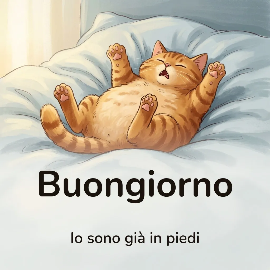 Immagine di buongiorno divertente: gatto a fumetti steso sulla schiena tra le lenzuola sfatte con le zampe all’aria, con la scritta «Buongiorno» e «Io sono già in piedi»