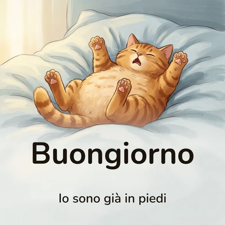 Immagine di buongiorno divertente: gatto a fumetti steso sulla schiena tra le lenzuola sfatte con le zampe all’aria, con la scritta «Buongiorno» e «Io sono già in piedi»