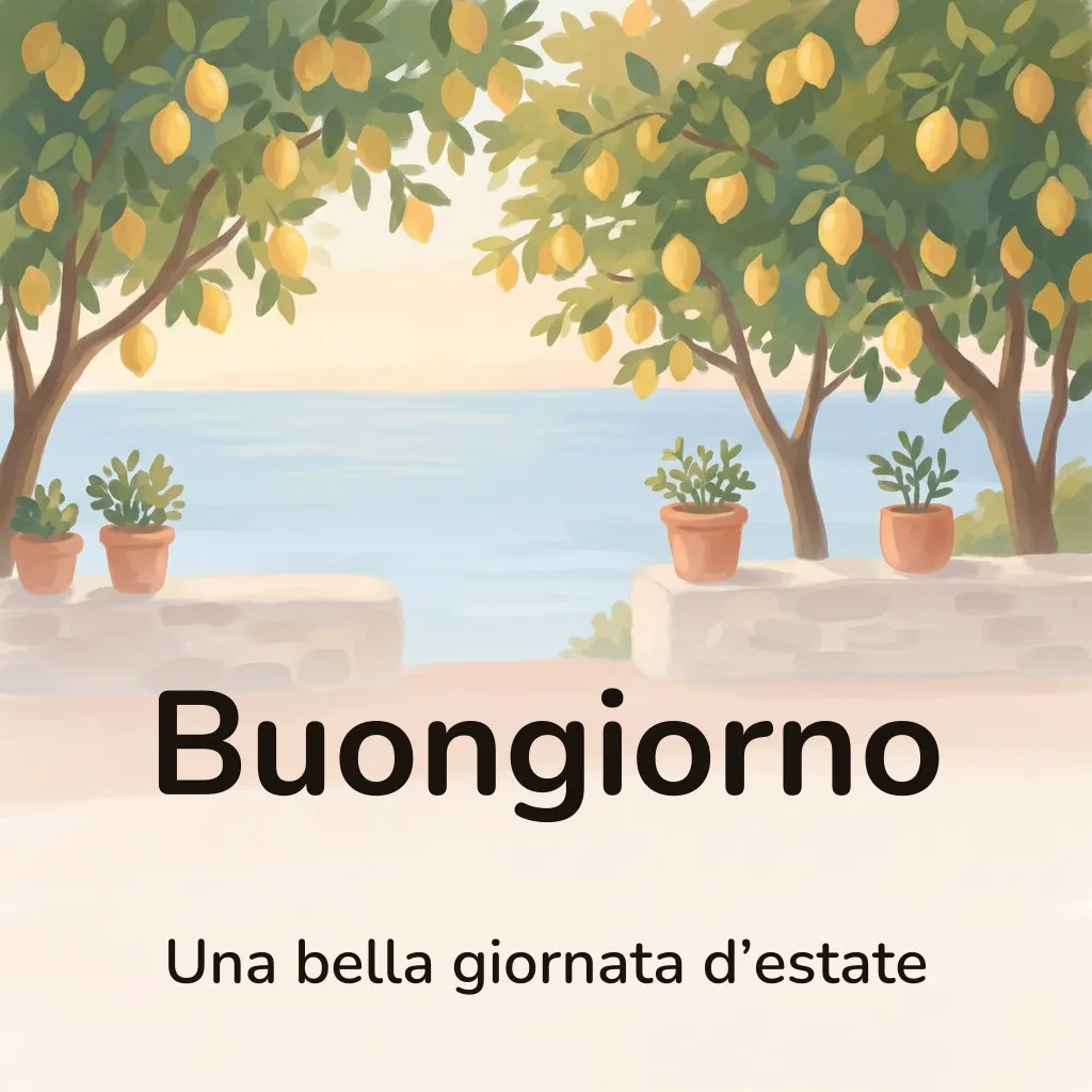 Immagine di buongiorno d’estate: terrazza con limoni maturi affacciata su un mare calmo nella luce del primo mattino, con la scritta «Buongiorno» e «Una bella giornata d’estate»