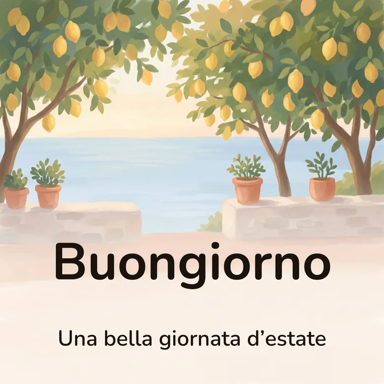 Immagine di buongiorno d’estate: terrazza con limoni maturi affacciata su un mare calmo nella luce del primo mattino, con la scritta «Buongiorno» e «Una bella giornata d’estate»