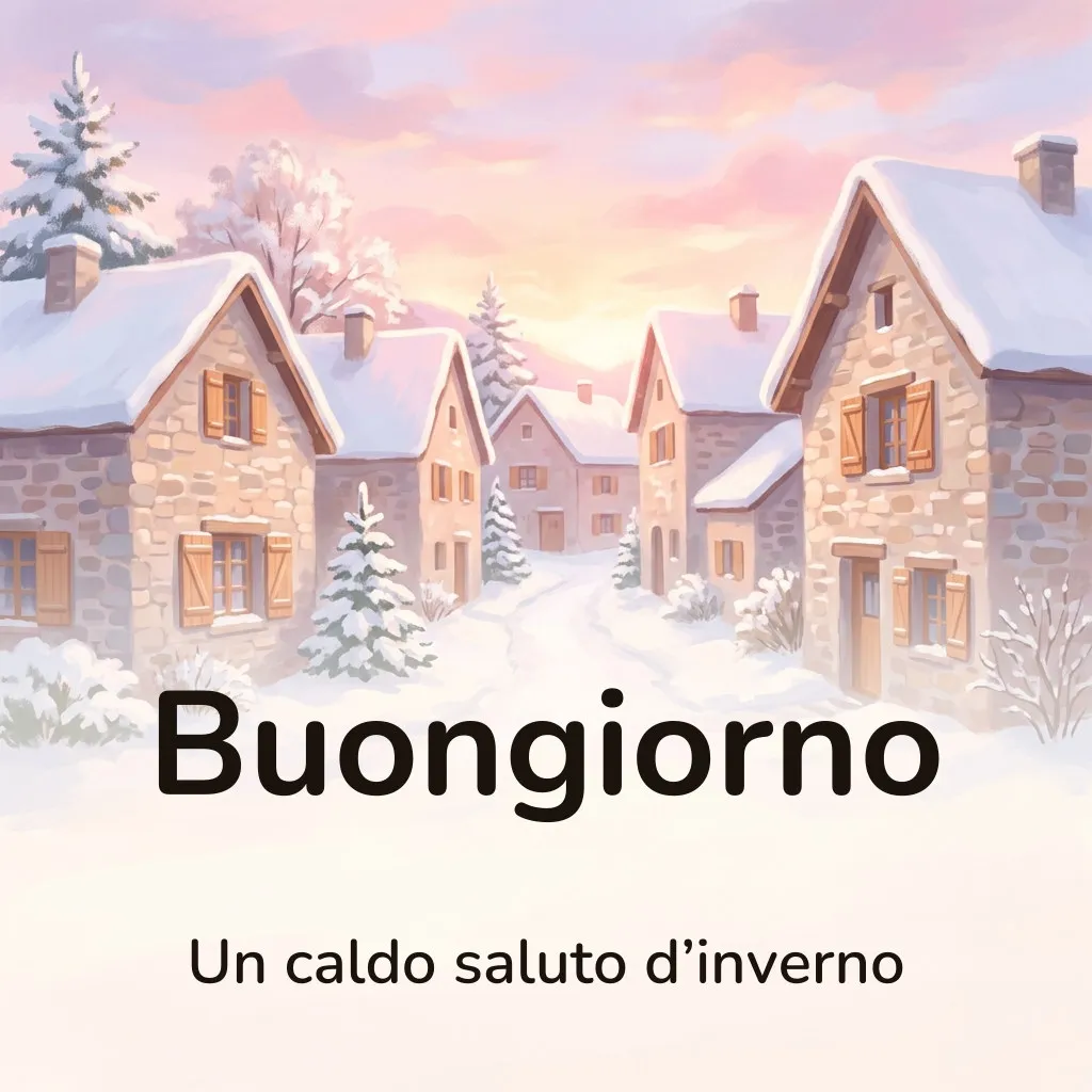 Immagine di buongiorno d’inverno: vicolo innevato di un borgo di montagna all’alba, con la luce rosata sui tetti, con la scritta «Buongiorno» e «Un caldo saluto d’inverno»