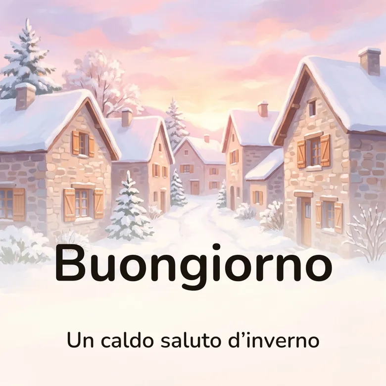 Immagine di buongiorno d’inverno: vicolo innevato di un borgo di montagna all’alba, con la luce rosata sui tetti, con la scritta «Buongiorno» e «Un caldo saluto d’inverno»