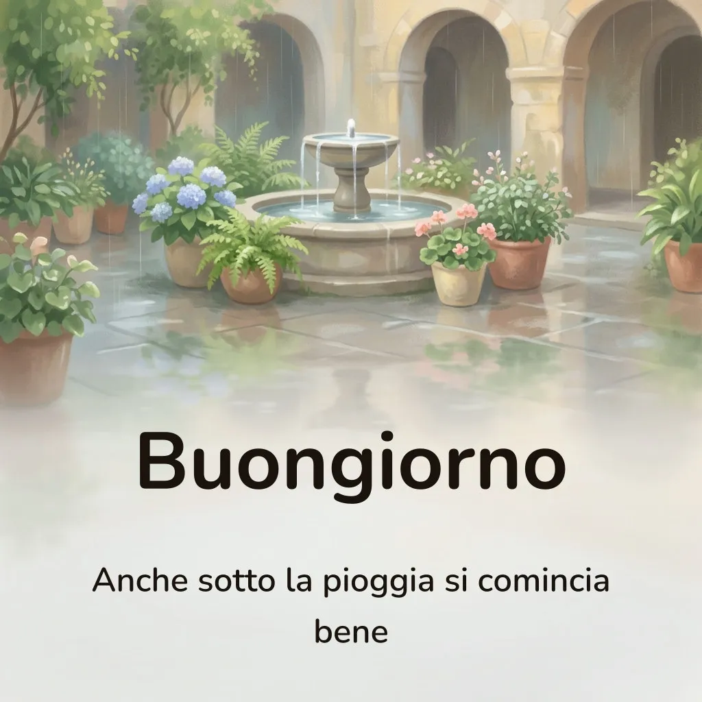 Immagine di buongiorno con la pioggia: cortile con archi e fontana di pietra sotto una pioggia leggera del mattino, con vasi di gerani e ortensie e la pavimentazione bagnata che riflette le piante, con la scritta «Buongiorno» e «Anche sotto la pioggia si comincia bene»